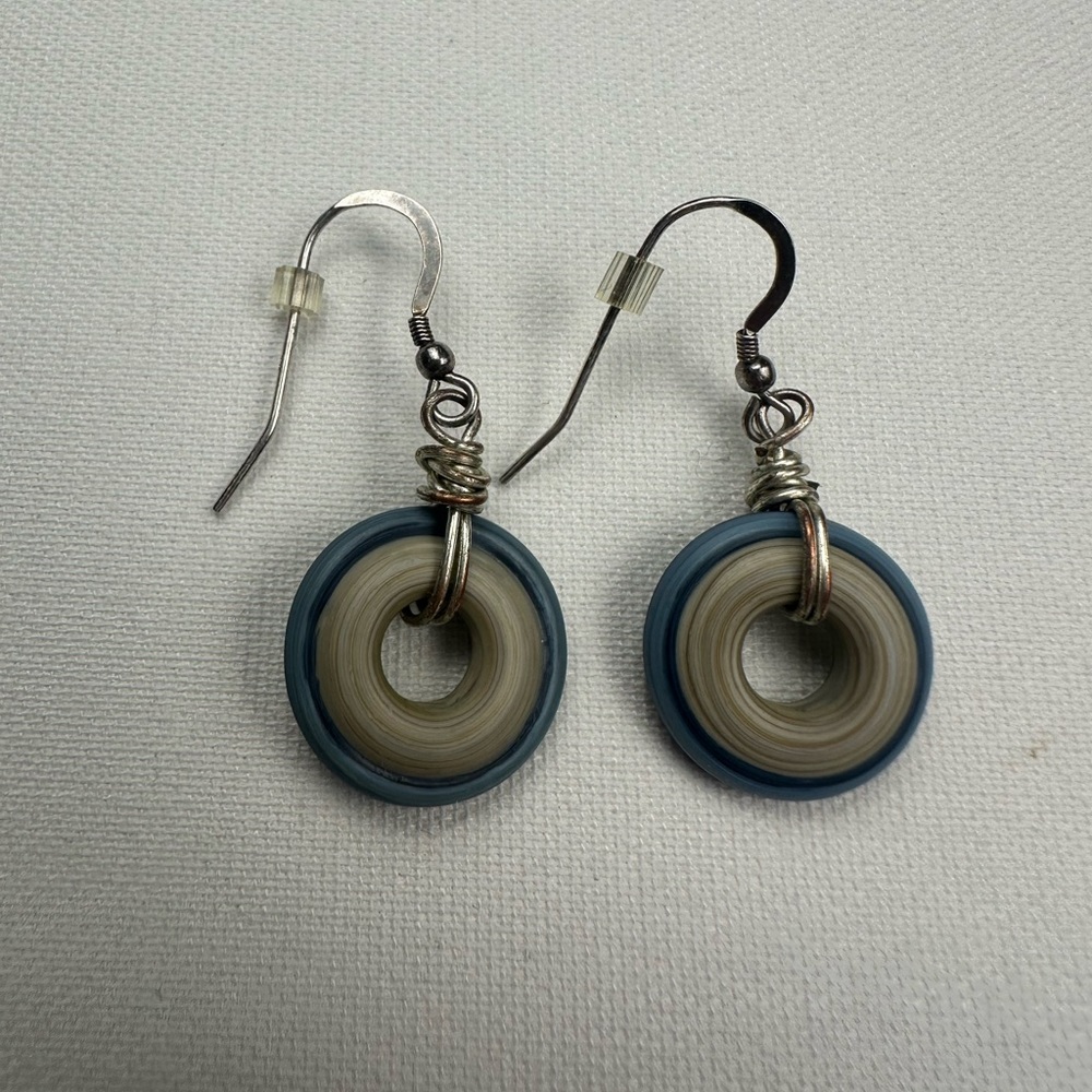 Grey and blue dangle earrings. Costume jewelry. Silver hardware.